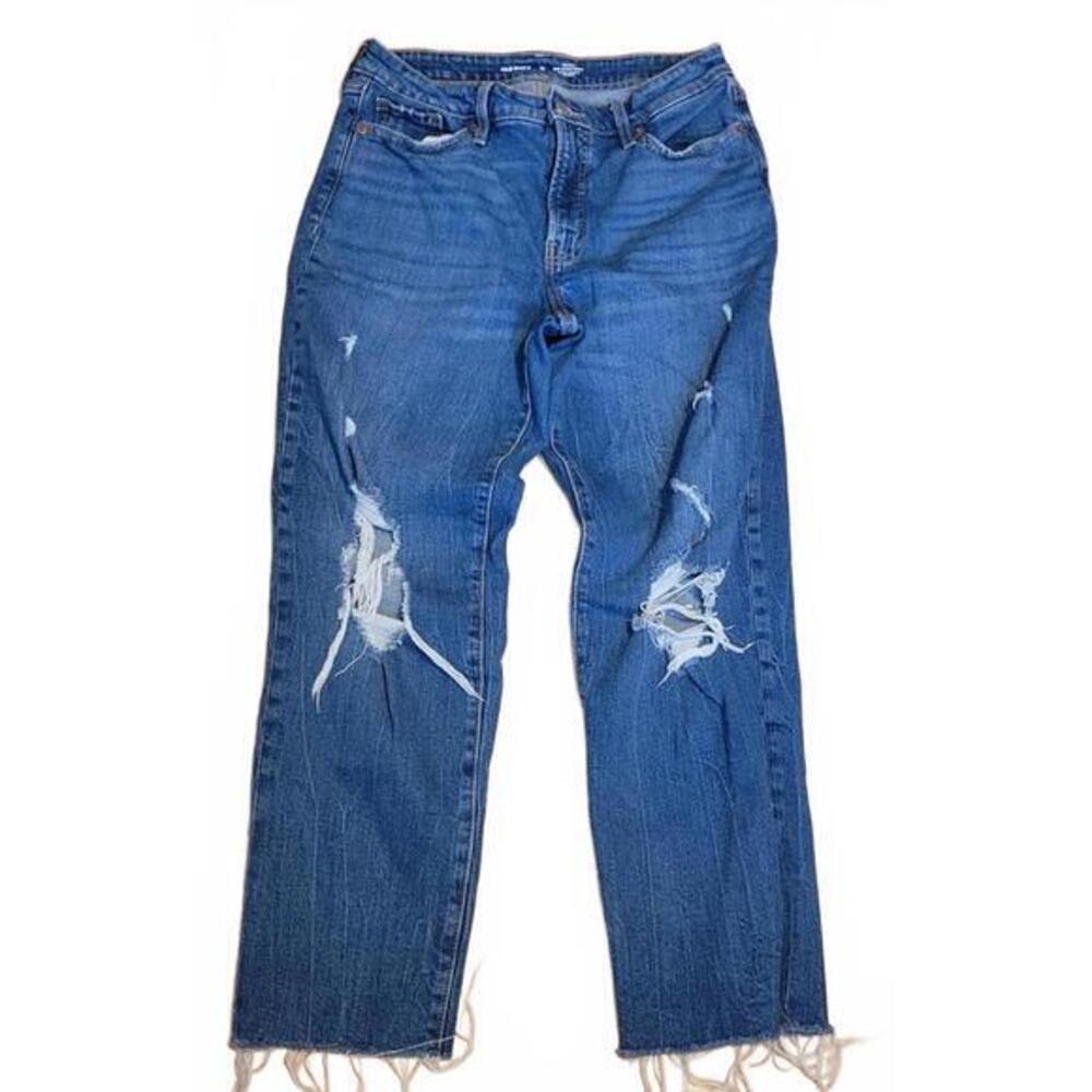 Old Navy OG Straight High Rise Distressed Jeans Medium Wash Blue 10 Raw Hem